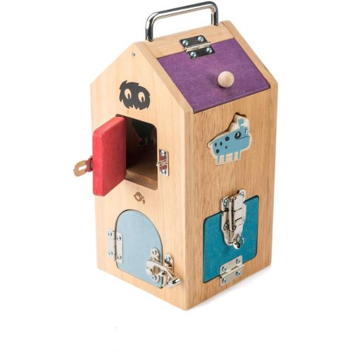  Tender Leaf Toys Wooden Monster Lock Box - 8 Different Doors with Various Lock Mechanisms Helps Develop Probelm Solving Skills - 3 +, Multicolor, 6.5 x 6.7 x 11.7