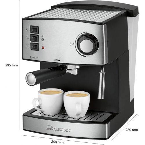  Clatronic ES 3643 Espresso- und Cappuccino-Automat, Edelstahlfront, 15 bar Pumpdruck, 1,6 Liter Wasserstand, Tassenvorwarmfunktion, Schwenkbare Edelstahldampfduese mit Aufschaum- un
