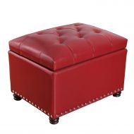 Adeco FT0033-4 High End Red Classy Bonded PU-Leather Tufted Accents Rectangular Storage Bench Ottoman Footstool