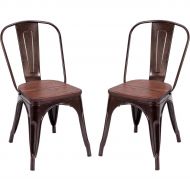 COSTWAY Costway Tolix Style Dining Chairs Industrial Metal Stackable Cafe Side Chair w/Wood Seat Set of 2 (Copper)