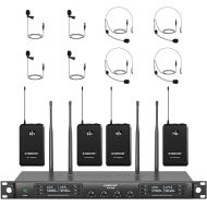 Phenyx Pro Wireless Microphone System, UHF Four Channel Wireless Mic Set w/ 4 Bodypacks and Headsets/Lapel Mics, 4x40 Channels, Auto Scan,328ft Coverage, Mic for Singing, DJ, Church(PTU-7000B)