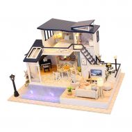 Fityle 1:24 DIY Handcrafts Miniature Wooden Dolls House Furniture LED Hand Control Light Kit  Vocation House with Swimming Pool