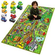 [아마존베스트]JOYIN Carpet Playmat w/ 12 Cars Pull-Back Vehicle Set for Kids Age 3+, Jumbo Play Room Rug, City Pretend Play