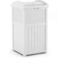 Suncast 33 Gallon Durable Plastic Hideaway Outdoor Garbage Can Trash Bin with Lid and Wicker Design for Backyard, Deck, or Patio, White