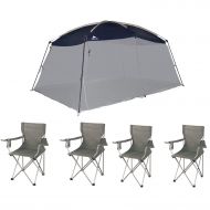EzyFast Ozark Trail 13 x 9 Foot Large Roof Screen Blue House Bundle Classic Folding Camp Chairs, Set of 4