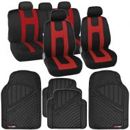 BDK EasyWrap Pro Car Seat Covers & Motor Trend FlexTough Rubber Floor Mats - Black/Red w/ Black Liners