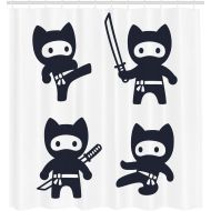 Lunarable Kawaii Shower Curtain, Monochrome Oriental Cartoon Ninjas with Martial Arts Inspired Pattern, Cloth Fabric Bathroom Decor Set with Hooks, 105 Extra Wide, Dark Blue and Wh