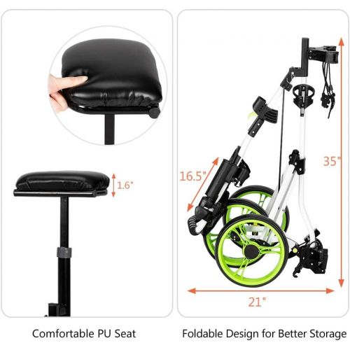  PEXMOR Foldable Golf Push Cart, 3 Wheel Golf Cart with Detachable Seat, Foot Brake, Umbrella Holder, Cup Holder, Scoreboard Bag, Easy Push and Pull Golf Bag Cart