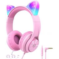 Cat Ear Led Light Up Kids Headphones with Microphone, iClever HS20 Wired Headphones -Shareport- 94dB Volume Limited, Foldable Over-Ear Headphones for Kids/School/iPad/Tablet/Travel