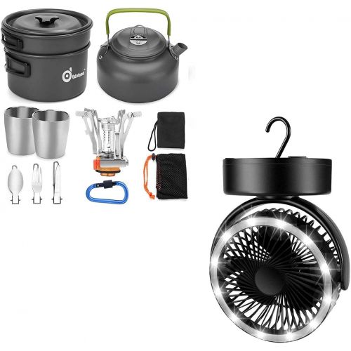  Odoland Bundle ? 2 Items 12pcs Camping Cookware Mess Kit with Mini Stove and LED Camping Lantern with Fan