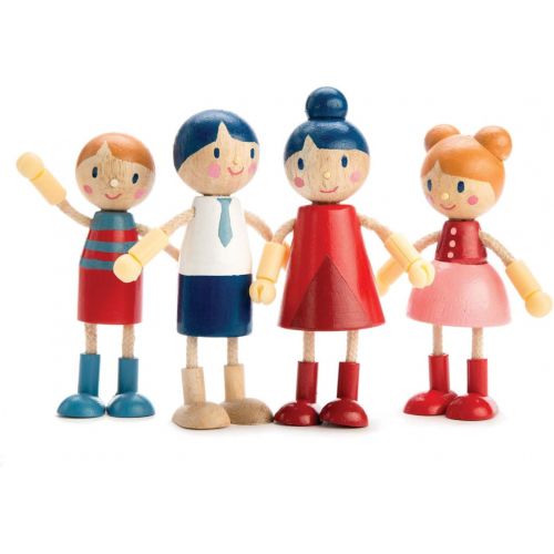  Tender Leaf Toys - Doll Family - Cute Wooden Doll Family for Happy Kids Dollhouse, - Ergonomic Flexible Arms Design - Four-Piece of Mom, Dad, Boy and Girl