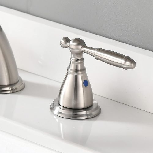  Solid Brass Brushed Nickel 2 Handle Widespread Bathroom Sink Faucet by Phiestina, Brushed Nickel 2 Handles Widespread Bathroom Faucet with Stainless Steel Pop Up Drain, WF008-4-BN