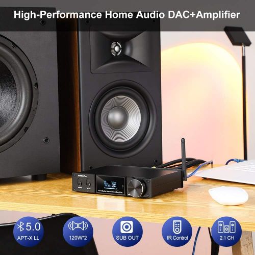  AIYIMA D05 Bluetooth 5.0 Power Amplifier 120Wx2 Stereo HiFi 2.1 CH Digital Sound Amplificador 24Bit/192kHz Class D Amp USB DAC Coaxial Optical OLED AptX, Support Subwoofer & with R