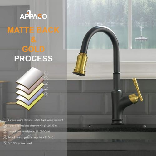 APPASO Pull Down Kitchen Faucet with Magnetic Docking Sprayer - Solid Brass Single Handle High Arc One Hole Pull Out Kitchen Sink Faucets, Black and Gold, 135BBNG