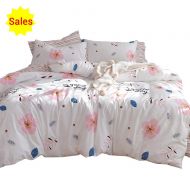 OTOB Reversible Leaf Flower Queen Duvet Cover Set with 2 Pillow Shams for Kids Girls Pink Blue White Cotton Floral Striped Pattern 3 Piece Queen Full Size Teen Bedding Sets