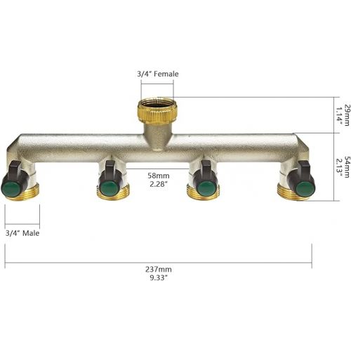  Photener 4 Way Water Distributor, Brass 4 Way Splitter with 4 Leak-free Ball Valves, 3/4 Inch Female Thread to 4 Way 3/4 Inch Male Thread for Regulating and Shutting Water Flow