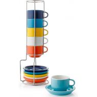 [아마존베스트]Sweese 404.002 Porcelain Stackable Espresso Cups with Saucers and Metal Stand - 2.5 Ounce for Specialty Coffee Drinks, Latte, Cafe Mocha and Tea - Set of 6, Hot Assorted Colors