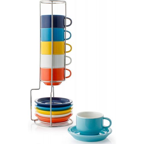  [아마존베스트]Sweese 404.002 Porcelain Stackable Espresso Cups with Saucers and Metal Stand - 2.5 Ounce for Specialty Coffee Drinks, Latte, Cafe Mocha and Tea - Set of 6, Hot Assorted Colors