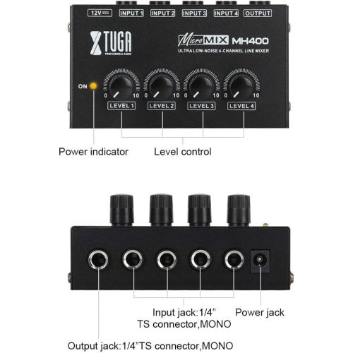 [아마존베스트]XTUGA MH400 Sound Mixer Ultra-compact Low Noise 4 Channels Line Mixer,Mini Audio Mixer with AC adapter Use for Microphones,Guitars,Bass,Keyboards,Mixer, Musical Instruments