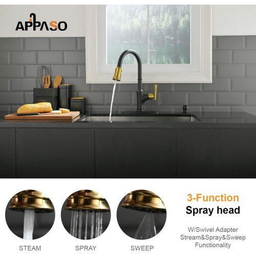  APPASO Pull Down Kitchen Faucet with Magnetic Docking Sprayer - Solid Brass Single Handle High Arc One Hole Pull Out Kitchen Sink Faucets, Black and Gold, 135BBNG