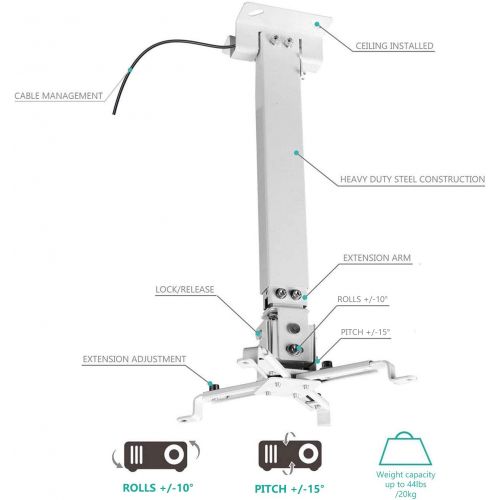  [아마존베스트]WALI Universal Projector Ceiling Mount Multiple Adjustment Bracket with 25.6 inches Extension Pole, Hold up to 44 lbs (PM-001-WHT), White