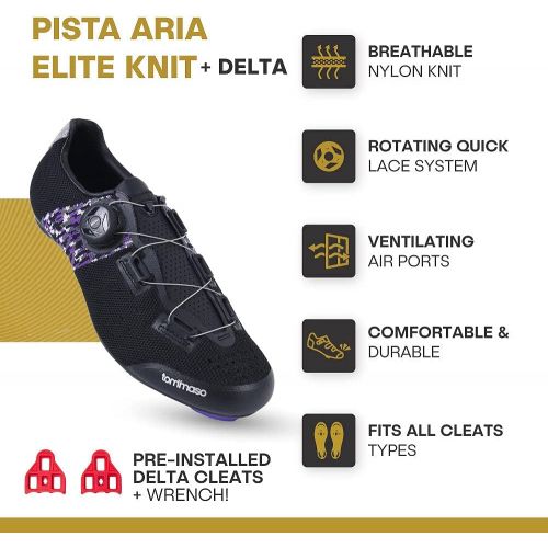  [아마존베스트]Tommaso Pista Aria Elite Knit Quick Lace Womens Spin Class Ready Cycling Shoe and Bundle with Compatible Cleat, Look Delta, SPD - Black, Purple