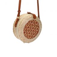 Wecoop Women Vintage Tote Handwoven Round Straw Rattan Bamboo Weave Shoulder PU Leather Straps Button Snap Closure Crossbody Crossbody Purses