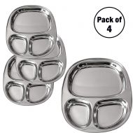 IndiaBigShop Stainless Steel Three Compartment Oval Plate, Thali, Mess Tray, Dinner Plate Set of 4 pcs- 28 cm each