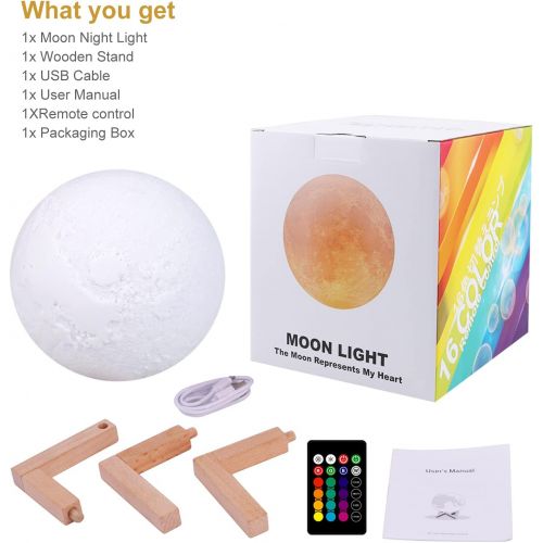  [아마존베스트]GDPETS Moon Lamp Moon Night Light，3D Printing 16 Colors Moon Light with Stand & Remote &Touch Control and USB Rechargeable Decorative Light Up Moon Light for Baby Kids Lover Birthday Part