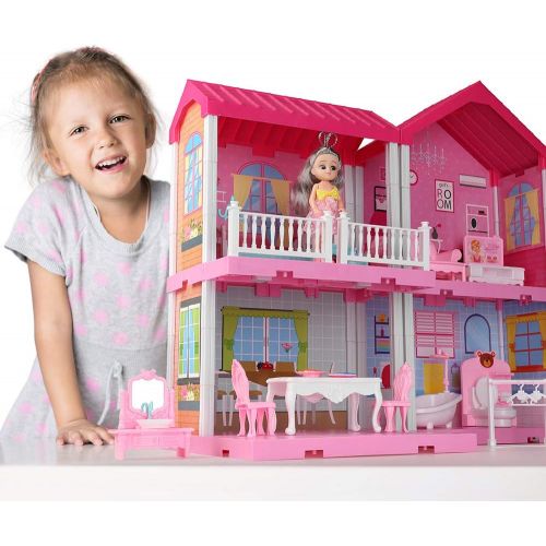  TEMI Dollhouse Dreamhouse Building Toys Figure w/ Furniture, Accessories, Pets and Dolls, DIY Cottage Pretend Play Doll House, for Toddlers, Boys & Girls(4 Rooms)