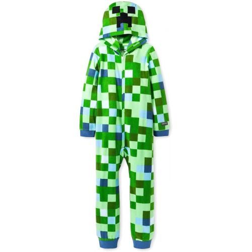  할로윈 용품AME Minecraft Charged Creeper Fleece Hooded Union Suit Boys Pajamas 4-16