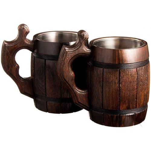 [아마존베스트]MyFancyCraft Handmade Beer Mug Oak Wood Stainless Steel Cup Natural Eco-Friendly 0.6 liters 20 ounces Barrel Brown