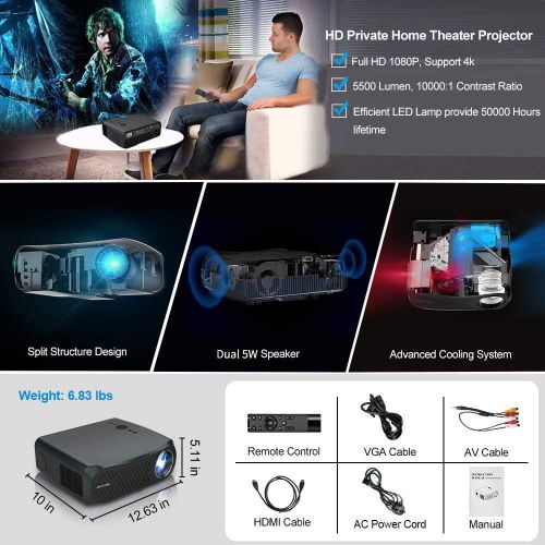  WIKISH Full Hd 1080P Native Projector 5500 Lumen Support 200 Display Zoom Lcd Led Home Outdoor Movie Projector for Tv Box Ps4 Laptop Dvd Player