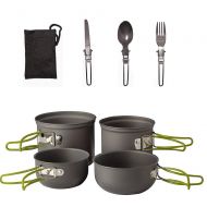 TAESOUW-Camping 2-3 Person Outdoor Collapsible Camping Cookware Dinnerware Mess Kit 2 Pots 2 Pans Spoon Fork Cooking Equipment Portable Lightweight Cookset with Mesh Bag Outdoor Camping