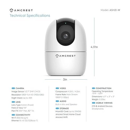  Amcrest 1080P WiFi Camera Indoor, Nanny Cam, Dog Camera, Sound & Baby Monitor, Human & Pet Detection, Motion-Tracking, Phone App, Pan/Tilt Wireless IP Camera, Night Vision, Smart Home ASH21-W