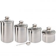 Beautiful Canisters Sets for the Kitchen Counter, Small Sized, 4-Piece Stainless Steel with Glass Lids and 20 ml Measuring Scoop - SilverOnyx Tea Coffee Sugar Canisters - 4pc Glass
