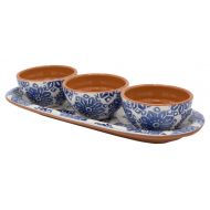 Euro Ceramica Inc. Euro Ceramica Azul Tile Collection 12 Terra Cotta Snack Tray with 3 3.6 Dipping/Sauce Bowls, Floral Hand-Painted Design, Blue & White