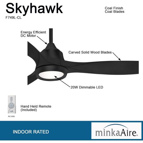  [아마존베스트]Minka-Aire F749L-CL Skyhawk 60 Inch LED Ceiling Fan with Carved Wood Blades, Integrated LED Light and DC Motor in Coal Finish