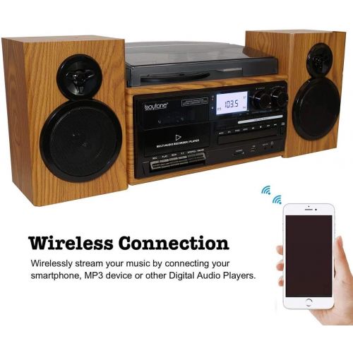 보이톤 Boytone BT-28SPW, Bluetooth Classic Style Record Player Turntable with AM/FM Radio, CD / Cassette Player, 2 Separate Stereo Speakers, Record from Vinyl, Radio, and Cassette to MP3,