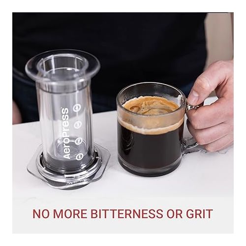  Aeropress Clear Coffee Press - 3 in 1 brew method combines French Press, Pourover, Espresso - Full bodied coffee without grit or bitterness - Small portable coffee maker for camping & travel