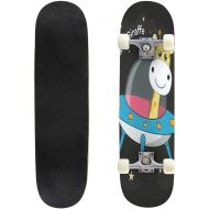 Mulluspa Classic Concave Skateboard Cute Giraffe Astronaut in a Mysterious Object UFO in The Sky Night Longboard Maple Deck Extreme Sports and Outdoors Double Kick Trick for Beginners and P