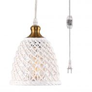 HMVPL Plug in Pendant Lights with 16.4 Ft Hanging Cord and On/Off Dimmer Switch, Unique Ceramic Lighting Fixture Mini Swag Ceiling Lamp for Bedroom Kitchen Island Dining Room Foyer