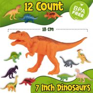 Prextex Realistic Looking 7 Dinosaurs Pack of 12 Large Plastic Assorted Dinosaur Figures with Dinosaur Book