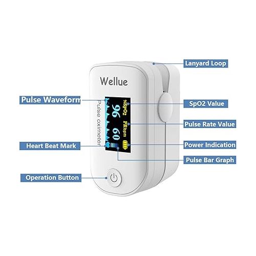  Wellue Pulse Oximeter Fingertip Blood Oxygen Saturation Monitor O2 Pulse Oximeter Finger with Batteries and Lanyard Bluetooth FS20F White