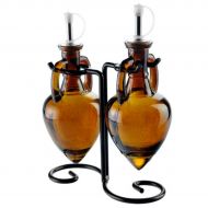 Romantic Decor and More Oil and Vinegar Dispenser, Oil Bottles for Kitchen or Liquid Soap Dispenser G5F Amber Amphora Style Glass Bottle Set with Pour Spouts, Corks, and a Powder Coated Black Metal Vintag