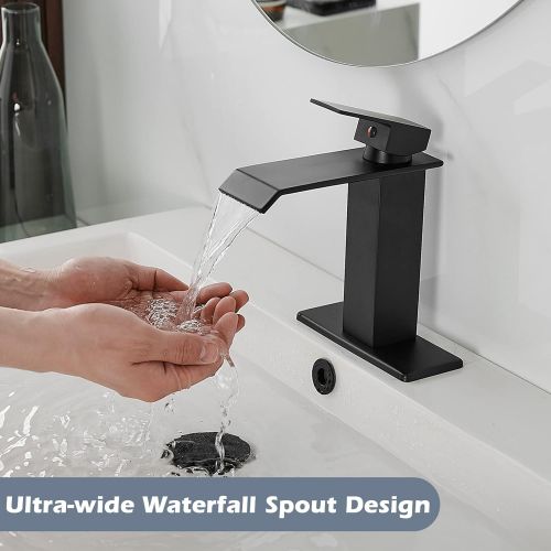  BWE Bathroom Faucet Matte Black Waterfall Single-Handle One Hole Commercial with Drain Assembly and Supply Hose Deck Mounted Lavatory Sink