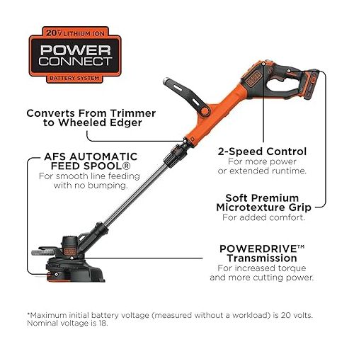  BLACK+DECKER 20V MAX String Trimmer and Edger, Cordless, 12 Inch, 2-Speed Control, 2 Batteries, Charger, and Spool Included (LSTE525)