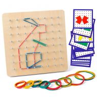 Coogam Wooden Geoboard Mathematical Manipulative Material Array Block Geo Board  Graphical Educational Toys with 24Pcs Pattern Cards and Rubber Bands Shape STEM Puzzle Matrix 8x8