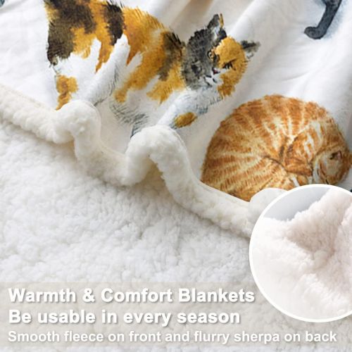  [아마존베스트]Sleepwish Cat Fleece Throw Blanket Hipster Cats Pattern Sherpa Plush Throw Blanket for Couch Bed Kids Girls Vintage Animal Blanket (60 x 80)
