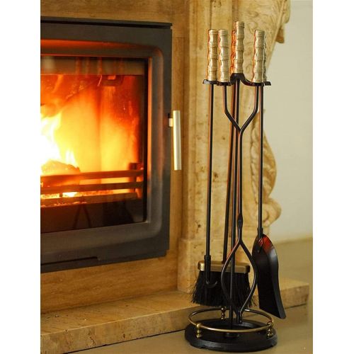 FOLDING Fireplace Screen 5 Pieces Fireplace Tool Sets Wrought Iron Fire Place Pit Poker Holder Tongs with Handles Wood Stove Accessories Kit Black Cast Hearth Decor for Home Ensure